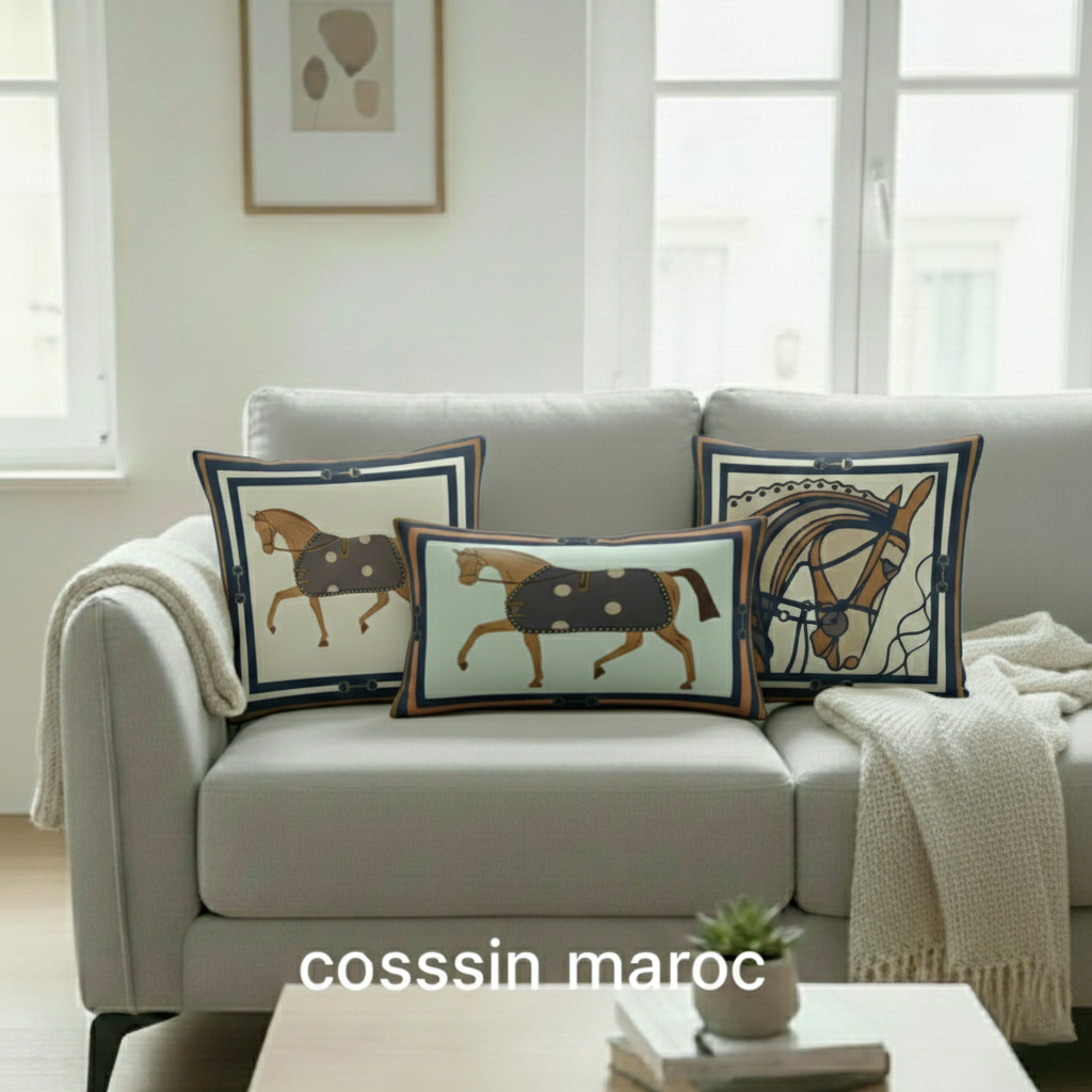 Trio de Coussins Marocains Bleu Marine – Motif Cheval Luxe, Décoration Salon Élégante