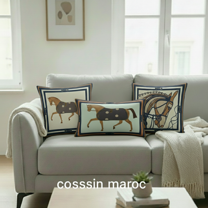Trio de Coussins Marocains Bleu Marine – Motif Cheval Luxe, Décoration Salon Élégante