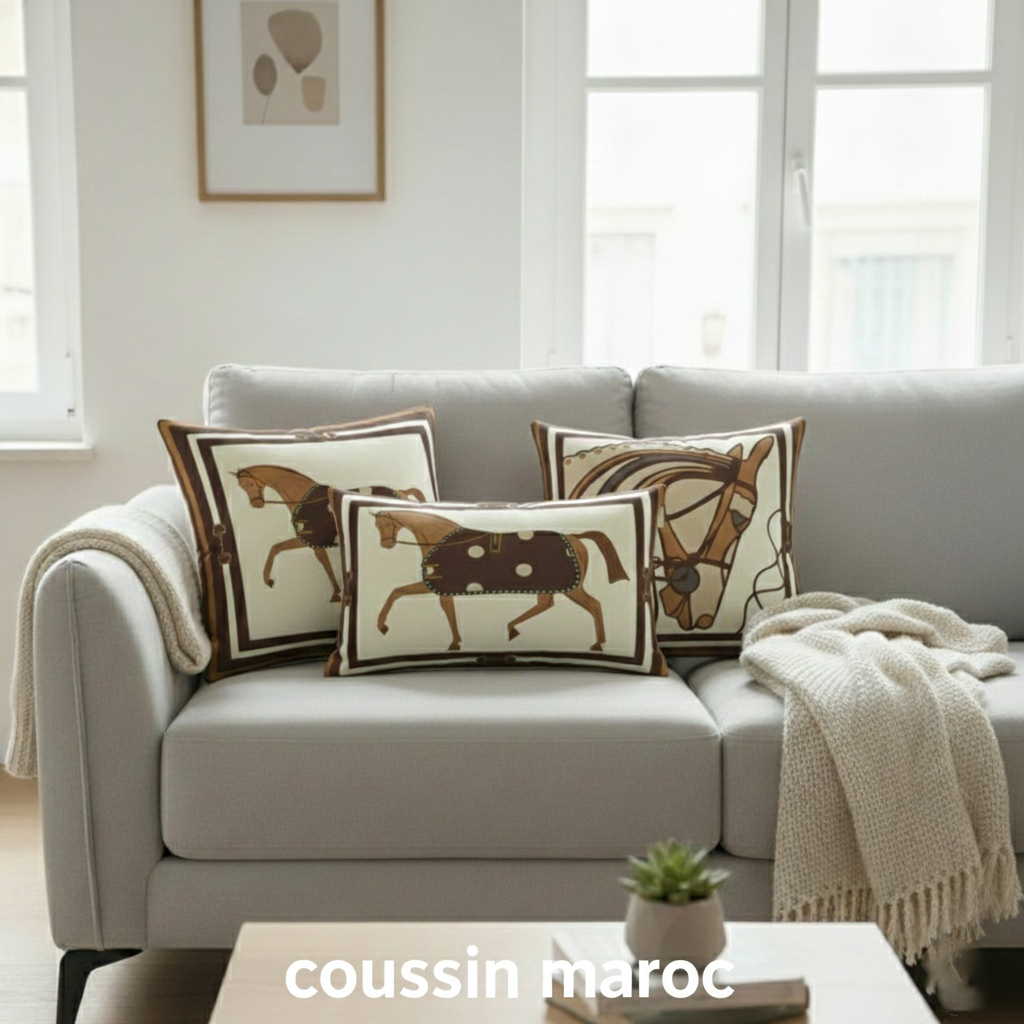 Trio de Coussins Marocains Élégants – Design Cheval Luxe, Décoration Salon Raffinée
