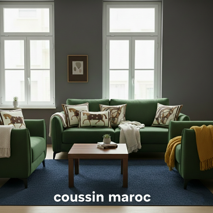 Trio de Coussins Marocains Élégants – Design Cheval Luxe, Décoration Salon Raffinée