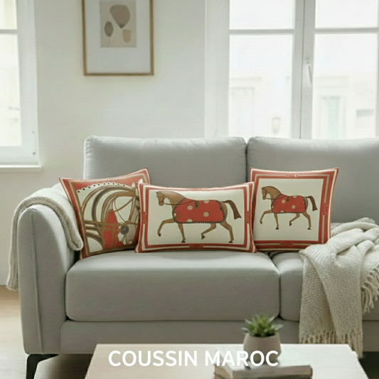 Trio de Coussins Marocains Rouge – Motif Cheval Luxe, Décoration Salon Élégante