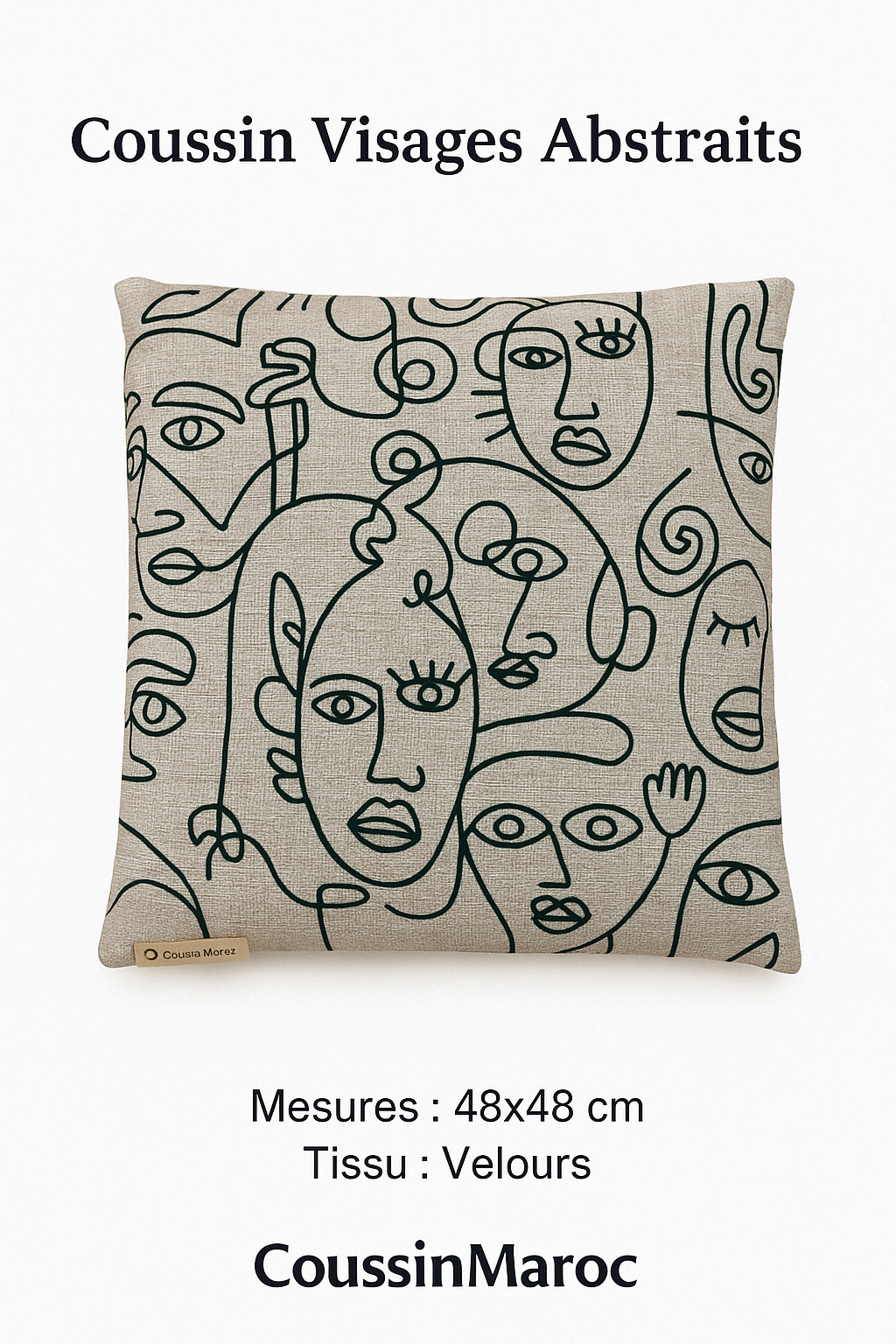 Coussin Visages Lin Noir – Esprit Contemporain by CoussinMaroc