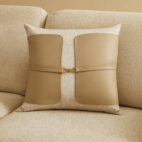Coussins décoratifs luxe en cuir et tissu – Trio camel & beige • Design moderne haut de gamme