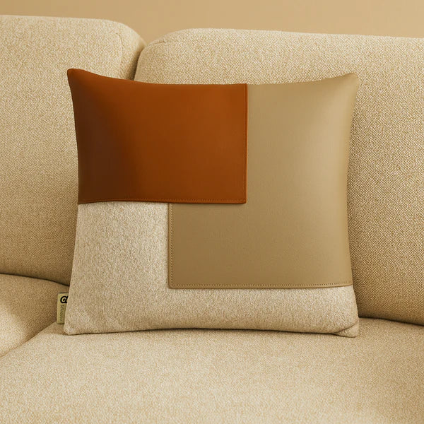 Coussins décoratifs luxe en cuir et tissu – Trio camel & beige • Design moderne haut de gamme